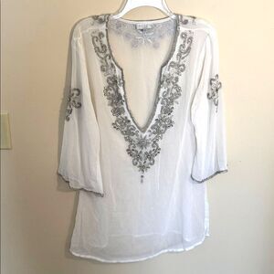 Solitaire by Ravi Khosla White Silver Embroidered Women Large Swim Coverup Dress
